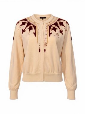 -VINTAGE- Cream Camisole Cardigan with Burgundy Accents. “Made in France”